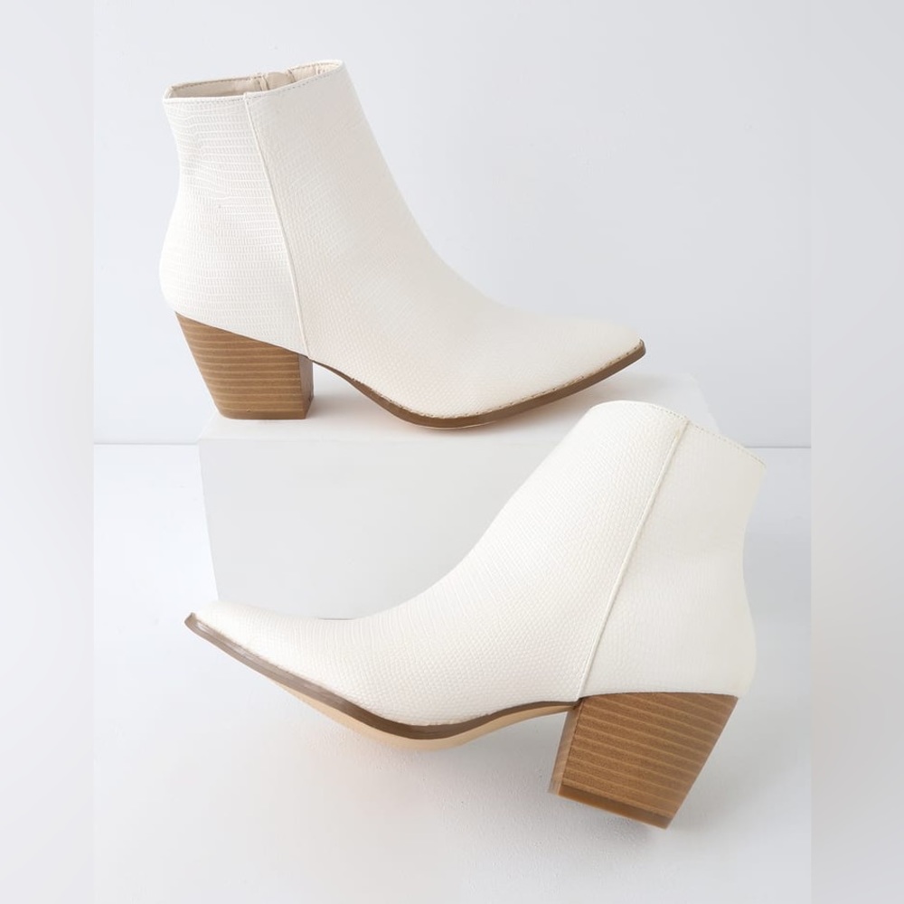 Ivory snake pointed toe ankle booties from Lulu’s